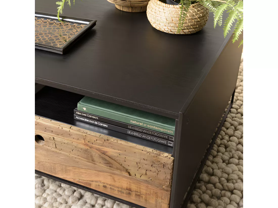 ANDREA - Table basse noire 80x80cm 1 tiroir bois Pin recyclé et métal