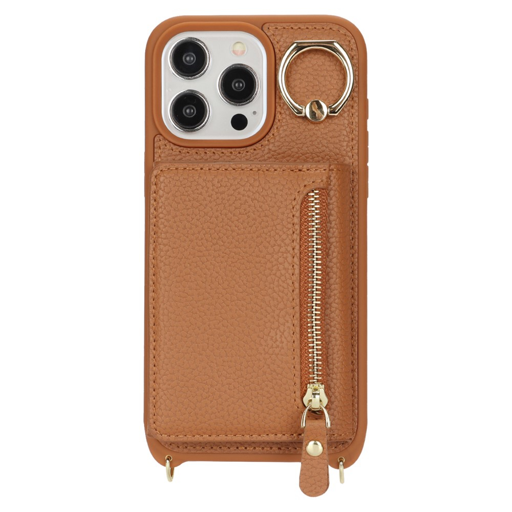 iPhone 15 Pro Necklace Leder Hülle mit Münzfach und Kartenfächer   Finger Griff Halterung   Handykette - Braun