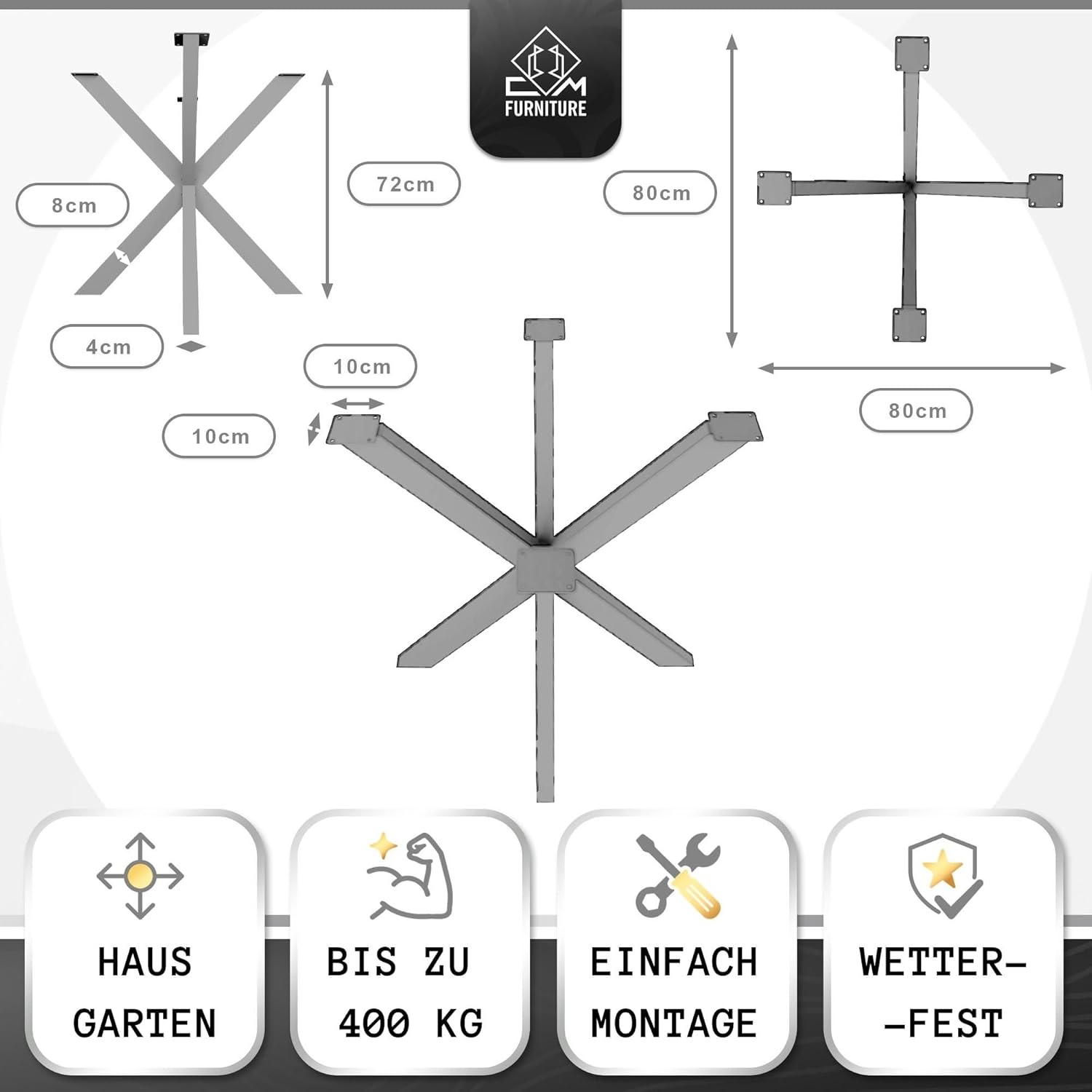 Tischbeine Tischgestell Metall Schwarz Hoch 72 cm für Esstisch Gartentisch Konferenztisch Rund/Quadratisch Massiv Tischplatte Holz Glass Spider/Spinnen Stern Look Premium DIY Projekt