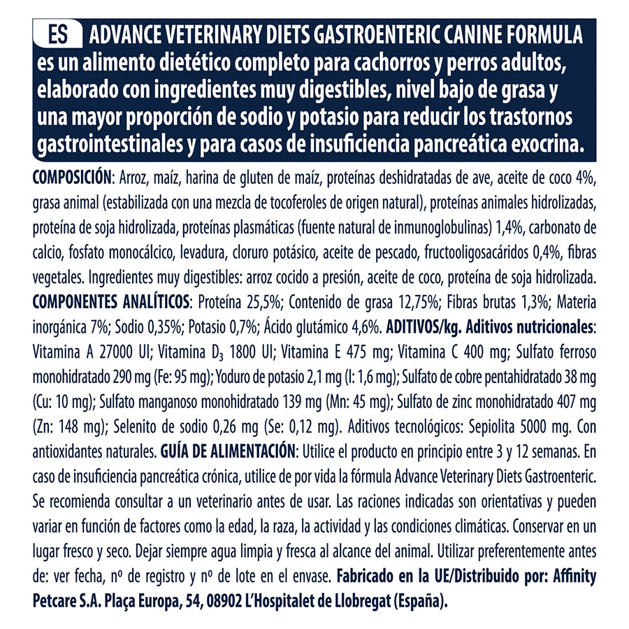 kg de ração Advance Veterinary Diets Gastroenteric para cães