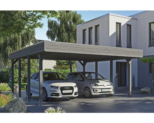 SKAN HOLZ Friesland dubbele carport inclusief aluminium dakpanelen en H-paalankers, 557 x 555 cm, grijs