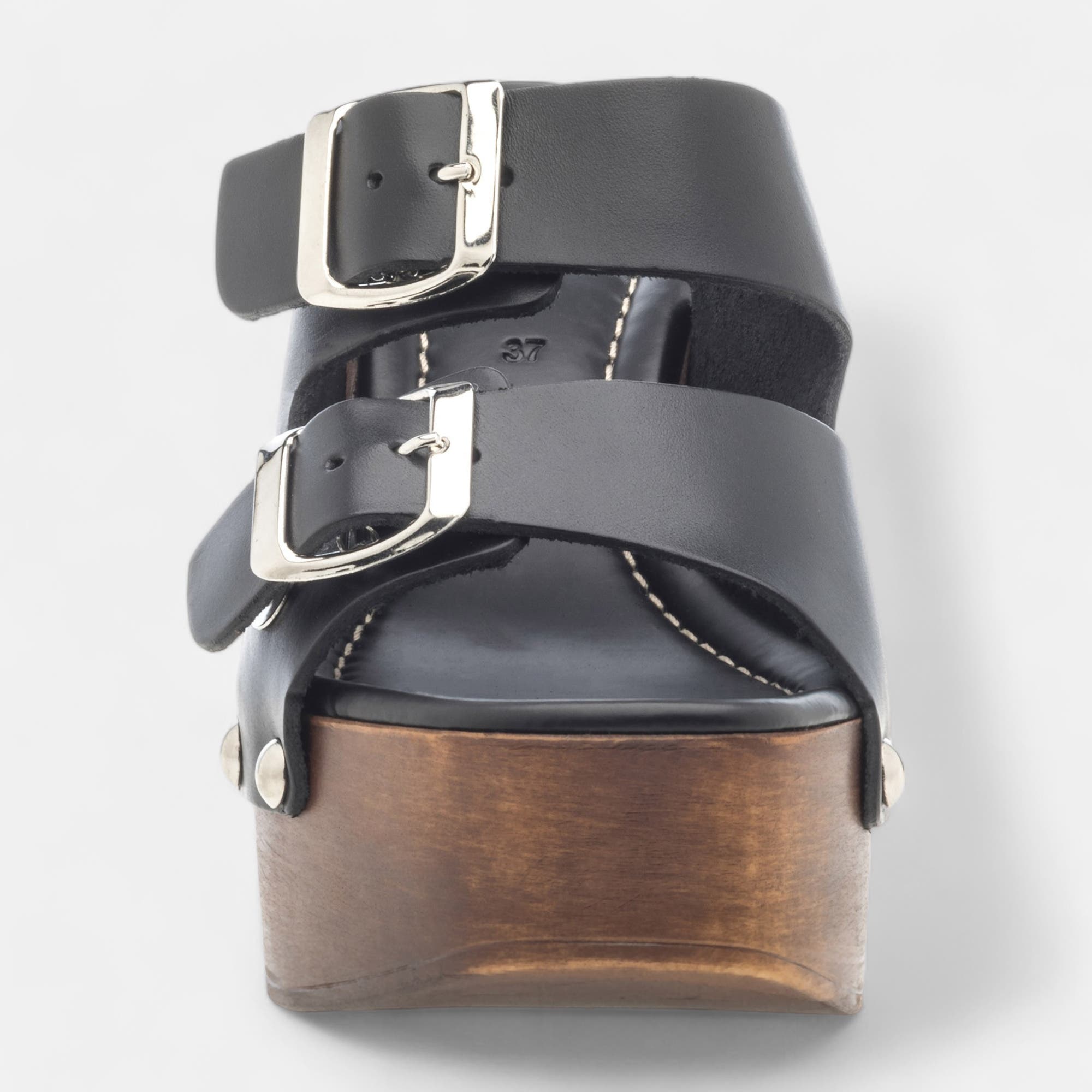 Chaussures semelle bois à talon Femme en cuir noir