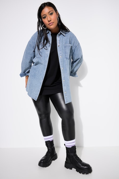 Jeanshemd, oversized, Knopfleisten-Stickerei