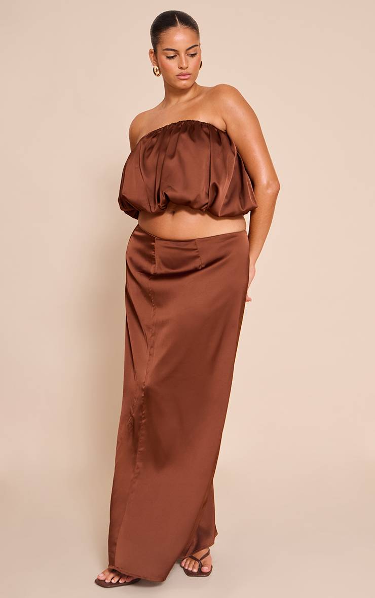 Chocolat Jupe Longue Taille Mi-haute En Satin Grande Taille Coordonnée