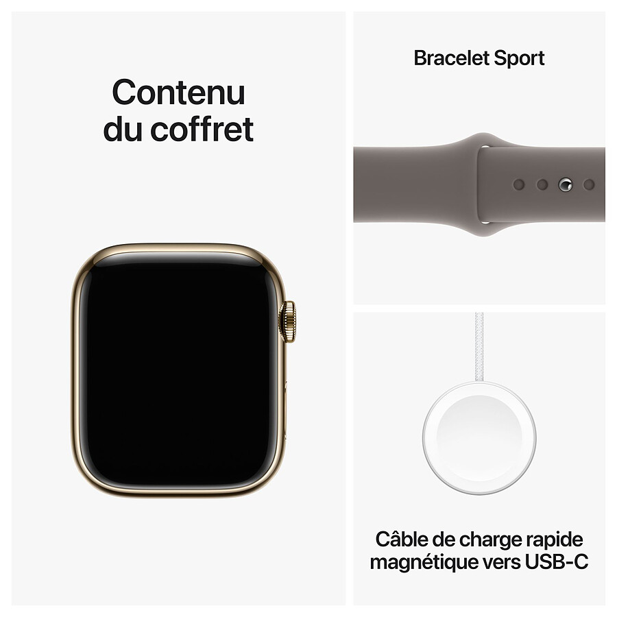 Apple Watch Series 9 GPS + Cellular - Acier Inoxydable Or - Bracelet Sport Band Argile - 45 mm - Taille M/L