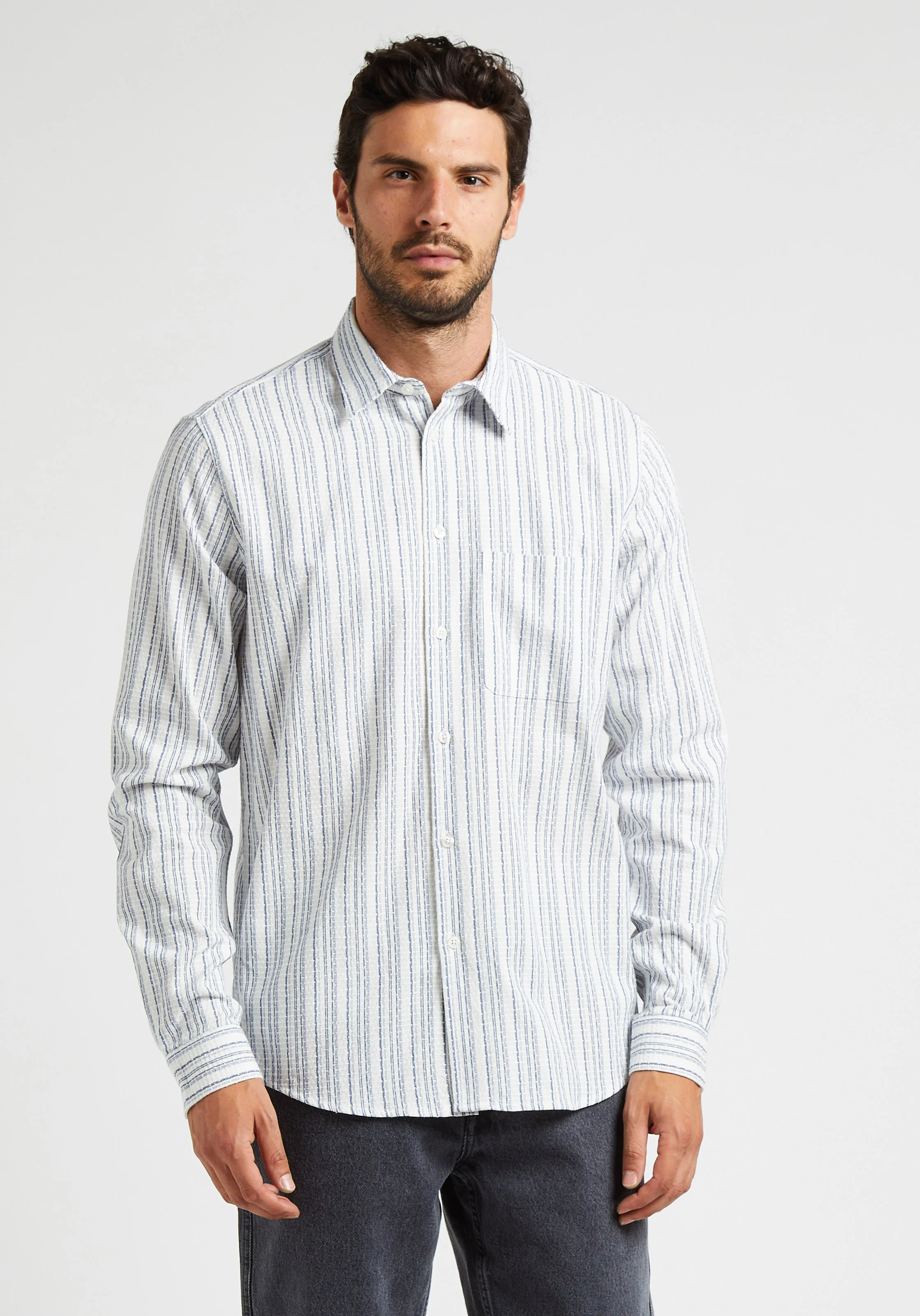 LIAM - Chemise col classique à rayures en coton mélangé| Blanc