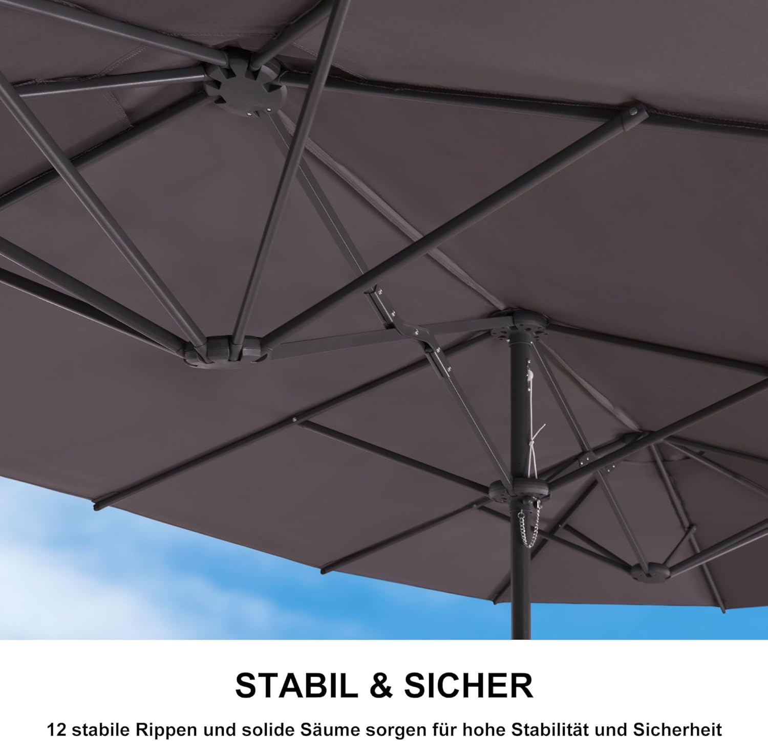 PURPLE LEAF 455 x 270 cm Doppelsonnenschirm Groß, Sonnenschirm XXL mit Kurbel Rechteckig Marktschirm für Terrasse, Balkon, Garten, Gestell Stahl, UV Schutz, Hellgrau