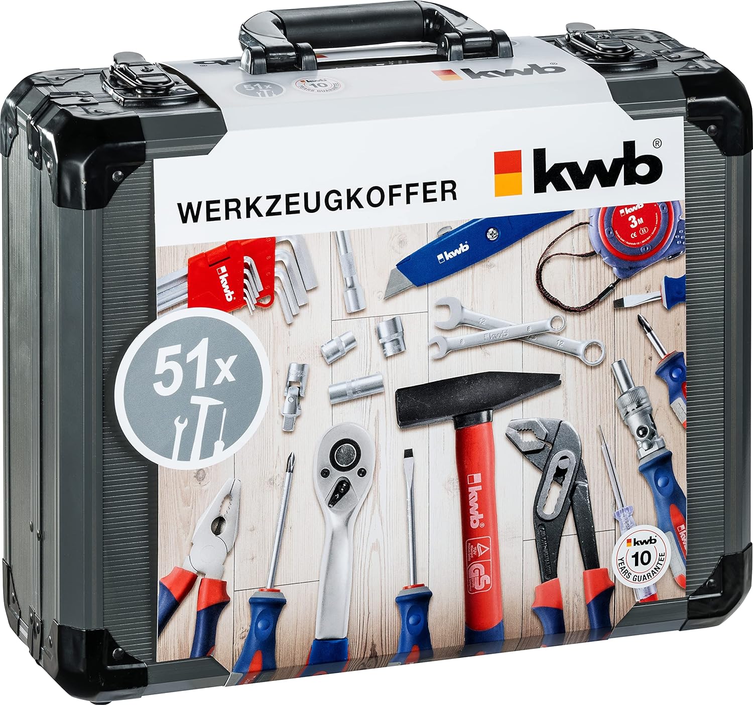 kwb Werkzeugkoffer aus robustem Aluminium inkl. 51-tlg. hochwertigem Werkzeug-Set als perfekte Grundausstattung für den Haushalt, die Werkstatt oder den mobilen Einsatz