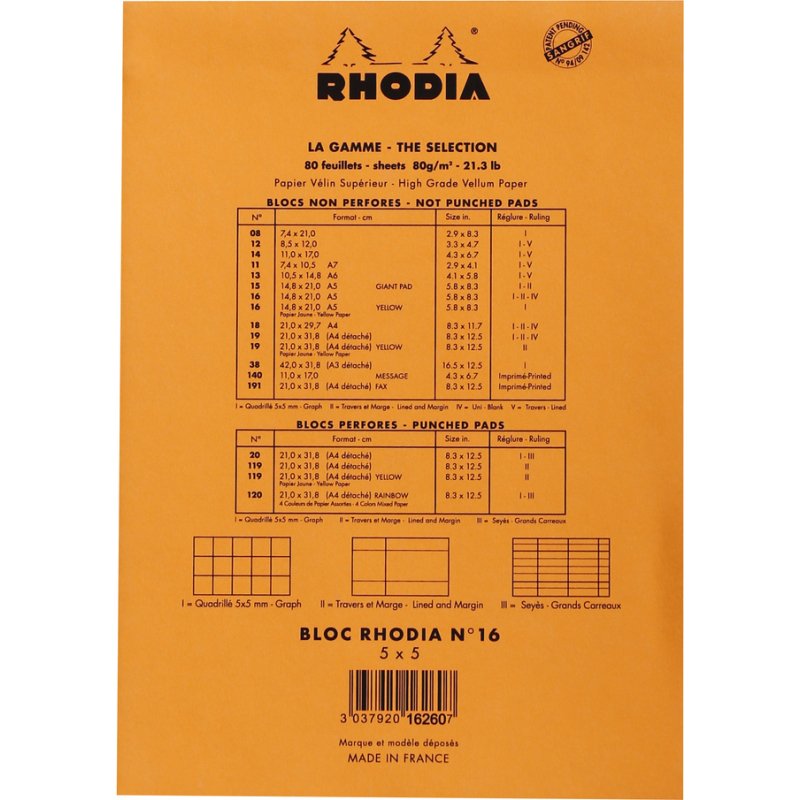 Bloc de bureau Rhodia 14,8 x 21 cm agrafé orange n°16 - 5 x 5 - 80 feuilles jaunes