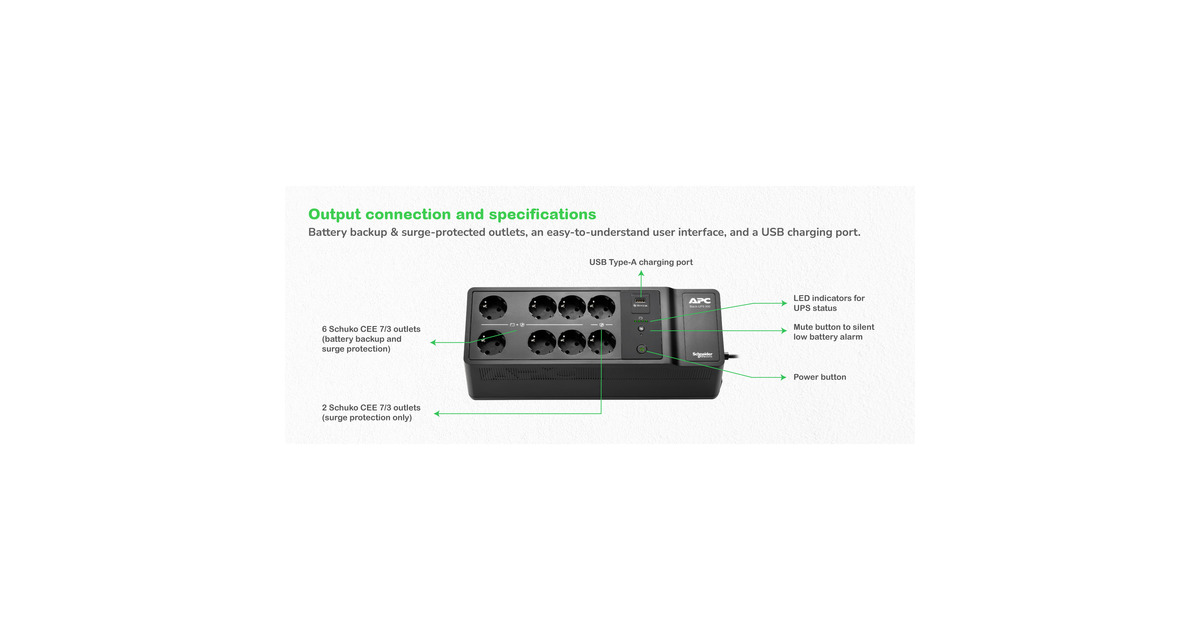 APCBack-UPS BE500G2-GR - Noodstroomvoeding ups  (Zwart, 8x Schuko, 500VA, 1 USB oplader, 1 USB datapoort)