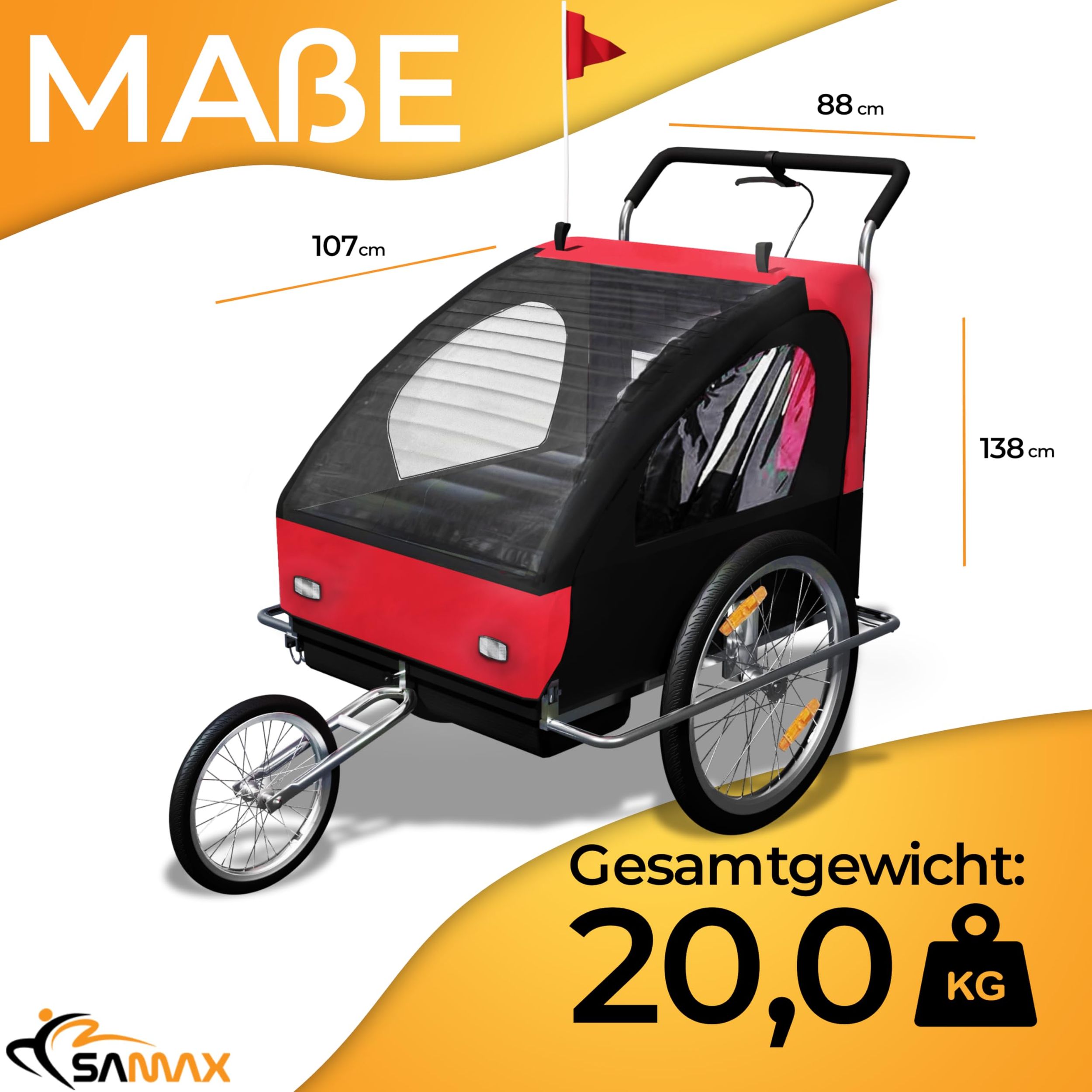 SAMAX Fahrradanhänger 2in1 Jogger - in Rot/Schwarz - Silver Frame