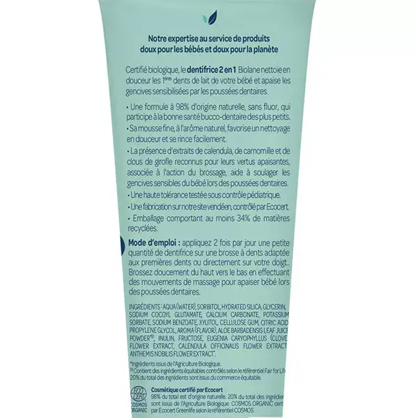 Biolane - Pasta de Dentes Orgânica - Bebê - Limpa os Primeiros Dentinhos - Sabor Morango - 50 ml