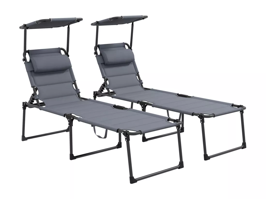 Lot de 2 bains de soleil transats pliables réglables avec pare-soleil gris