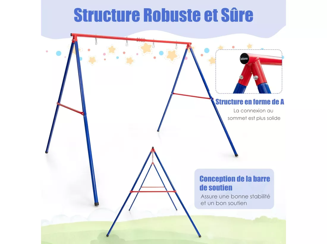 Portique de Balançoire en Métal avec Structure en A, Support de Balançoire en Acier avec Tapis Antidérapant, Charge 250kg pour Intérieur et Extérieur, 260 x 182 x 182 CM