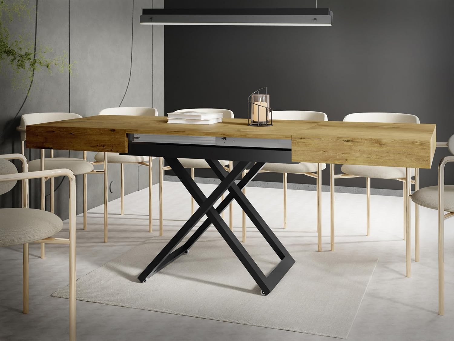WFL GROUP Couchtisch Höhenverstellbar und Ausziehbar Cavetta U - Wohnzimmertisch Esstisch Multifunktionstisch mit Schwarzem Metallgestell 120-200/80/27-76 cm Lancelot Eiche