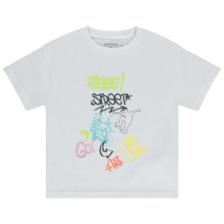 T-shirt manches courtes print skateur effet graffiti pour garçon - Blanc