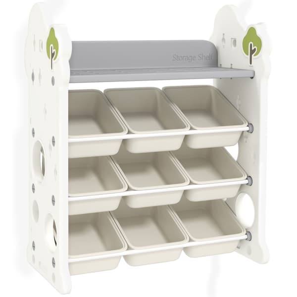 Barnehylle 4-lags lekehylle med 9 uttakbare bokser, hylle, kroker, barneromshylle for barnehage, lekerom, 77 x 42 x 94 cm, kremhvit