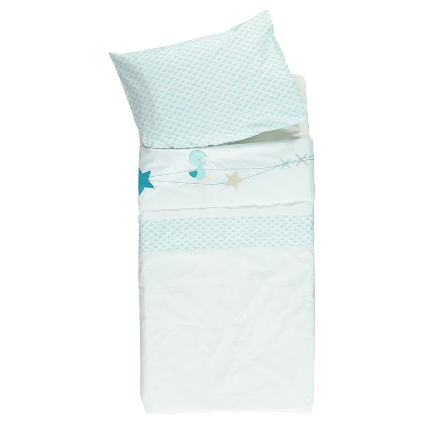 Parure drap de berceau + taie d'oreiller avec broderies fantaisie - 113 x 83 cm - Bleu