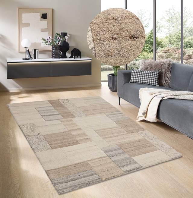 THEKO Wollteppich »Lola, Wolle, handgearbeitet, Patchwork Design, handgetuftet« rechteckig 12 mm Höhe Wohnzimmer, Schlafzimmer, Esszimmer, auch als Läufer und rund