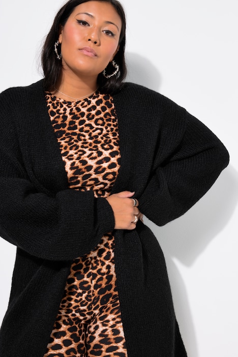 Long-Strickjacke, oversized, offene Form, Langarm