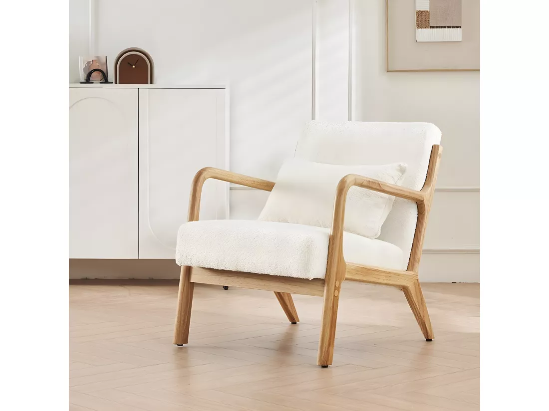 Fauteuil en bois et tissu bouclette écru - Lanna
