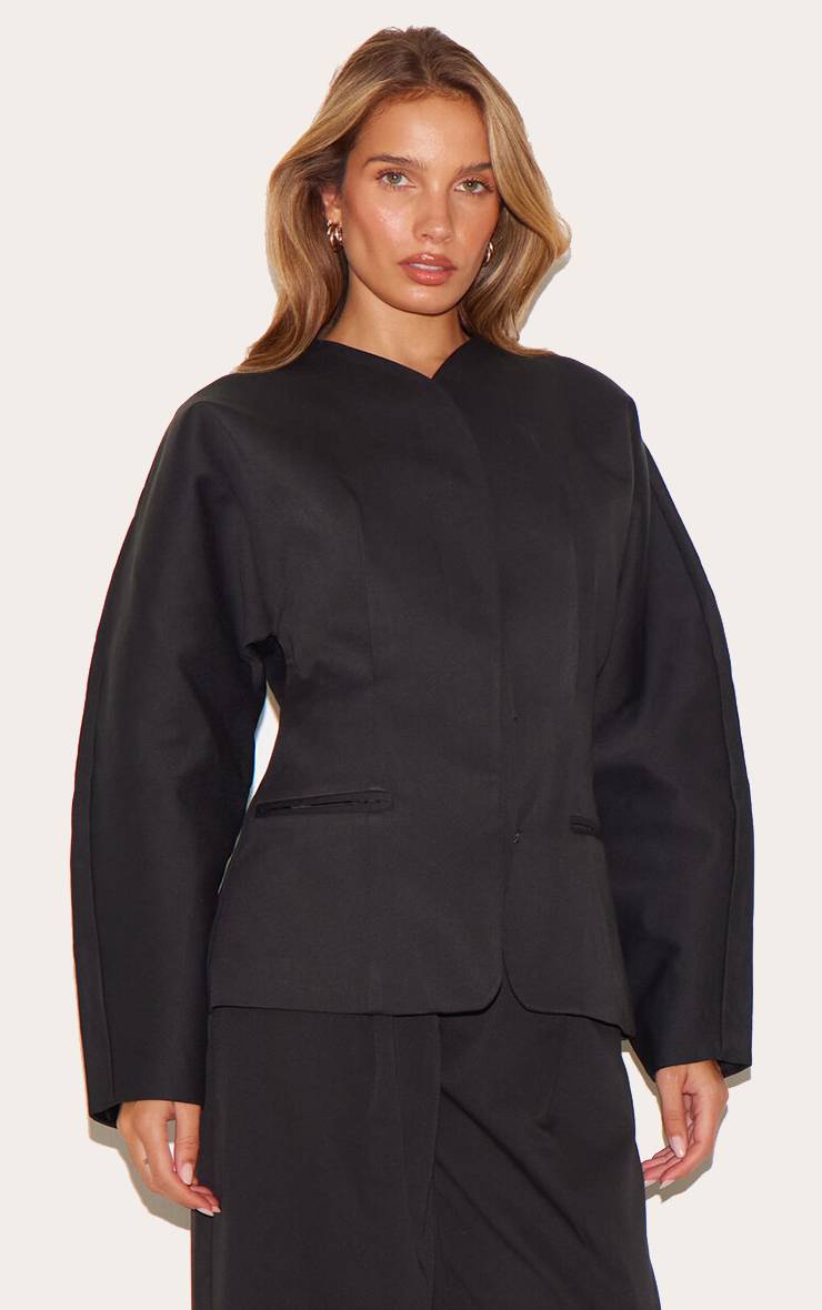 Noir Blazer Ajusté Sans Col En Tissu Tissé Premium Avec Ensemble Coordonné