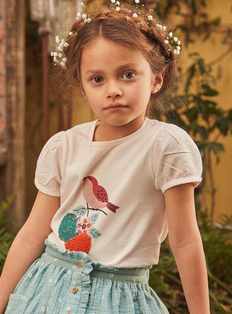 T-shirt bi matière ivoire à motif oiseaux