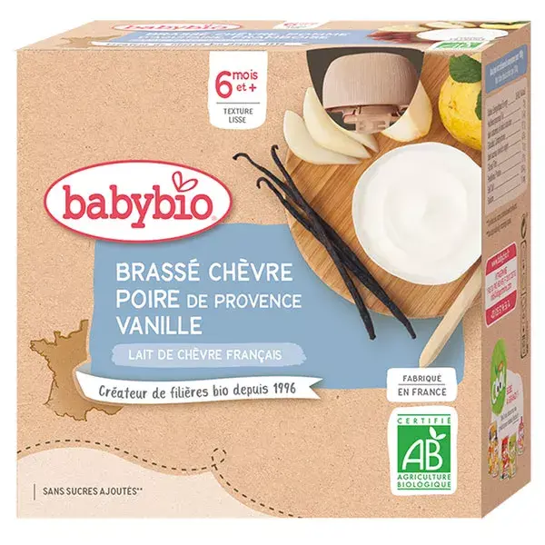 Sobremesas lácteas orgânicas de leite de cabra com sabor de pera e baunilha da Babybio em sachês +6m 4 x 85g