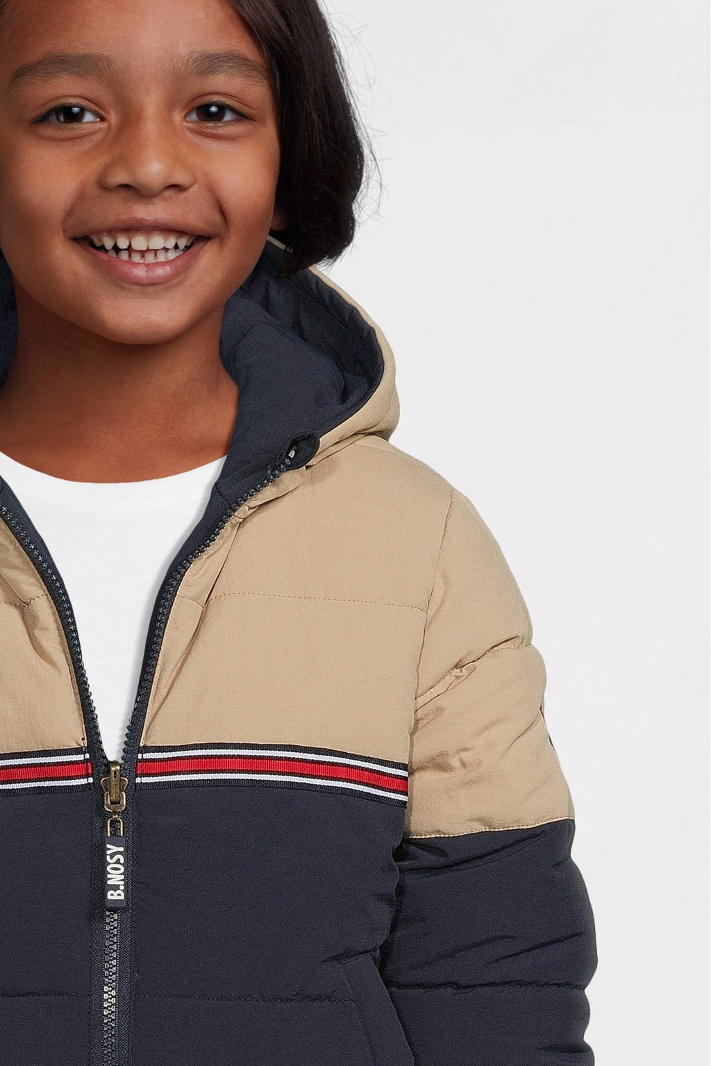 Mooie luxe winterjasreversible gewatteerde winterjas Joah donkerblauw/beige