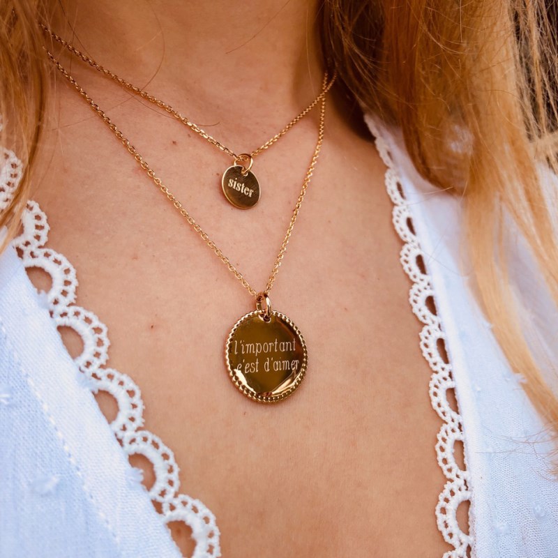 Collier médaille perlée plaqué or 3 microns - Personnalisable