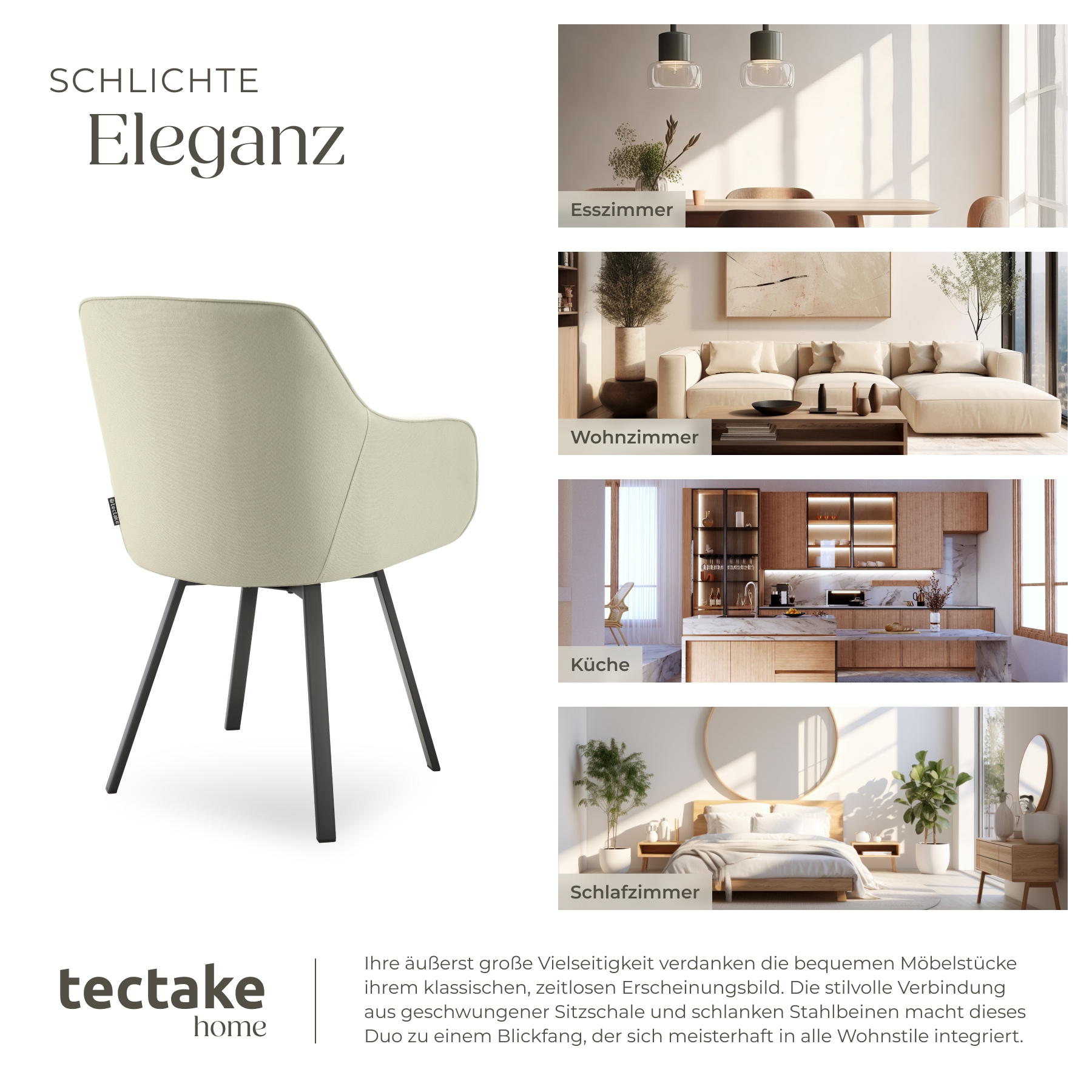 tectake® Drehbarer Armlehnstuhl , gepolstert, 360° drehbar, pulverbeschichtete Stahlbeine, 57 x 59 x 88 cm