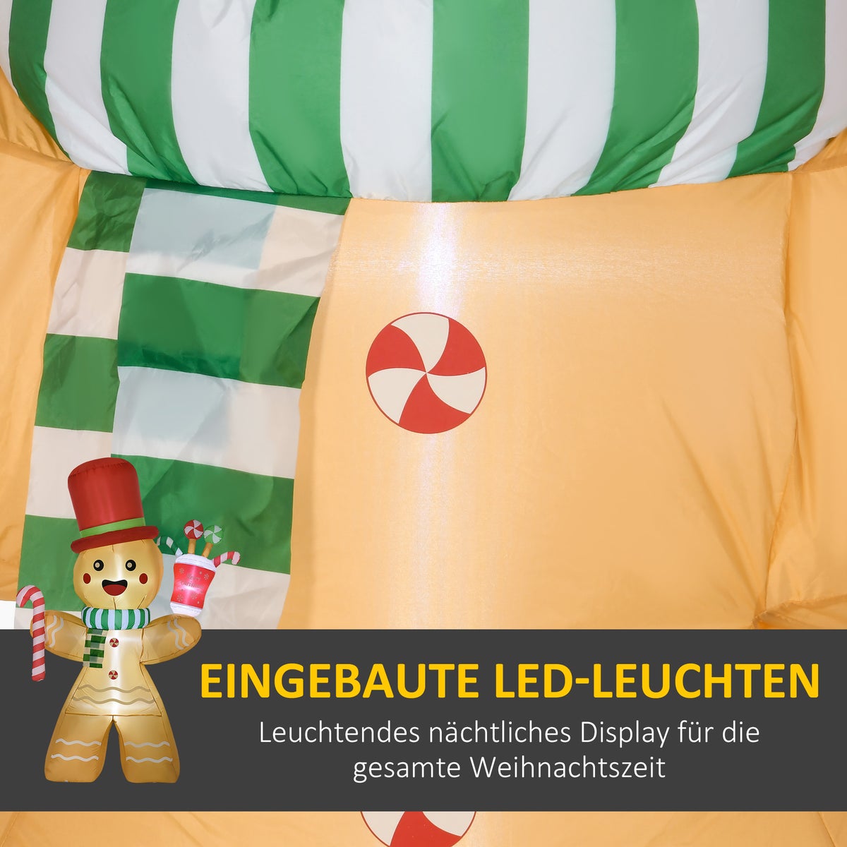 HOMCOM Opblaasbare kerstkoekenman 2,35 m Kerstdecoratie met LED-lampjes en zuurstok Kersttuindecoratie Automatisch opblazend Waterdicht Polyester Oranje