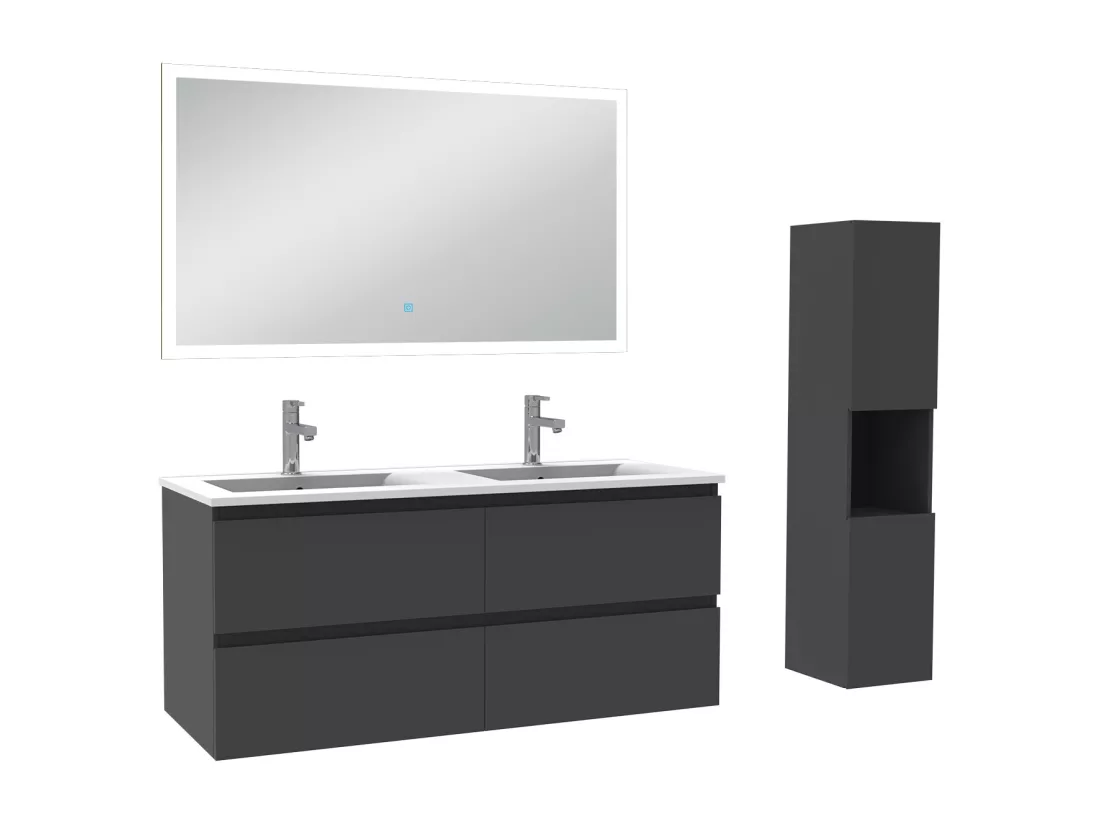Ensemble meuble Salle de Bain 120cm avec vasque et colonne et miroir lumineux dimmable anthracite