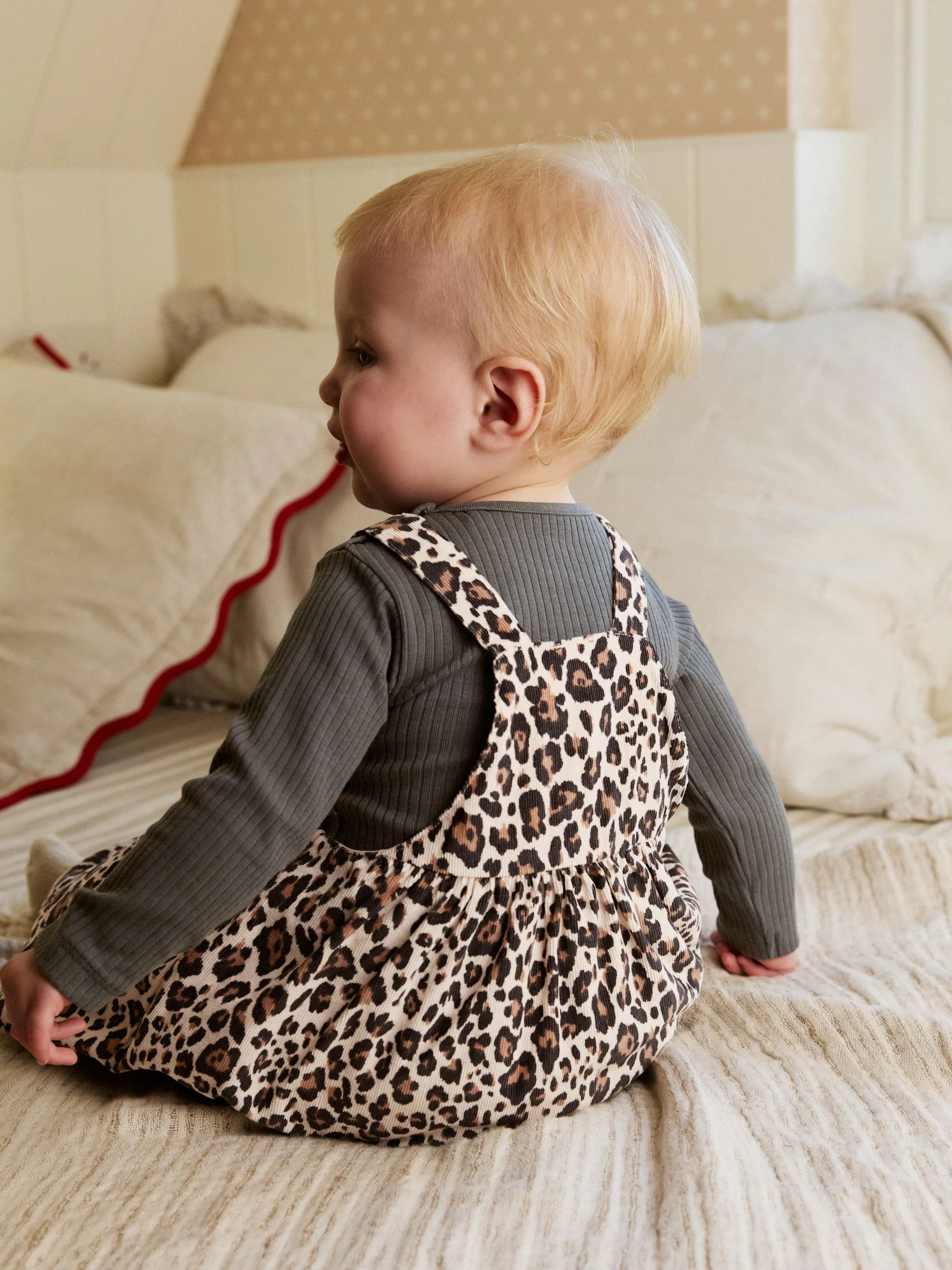 Antraciet met luipaardprint - Set van corduroy pinafore, bodysuit met lange mouwen en maillot voor baby's (0mnd-2jr)