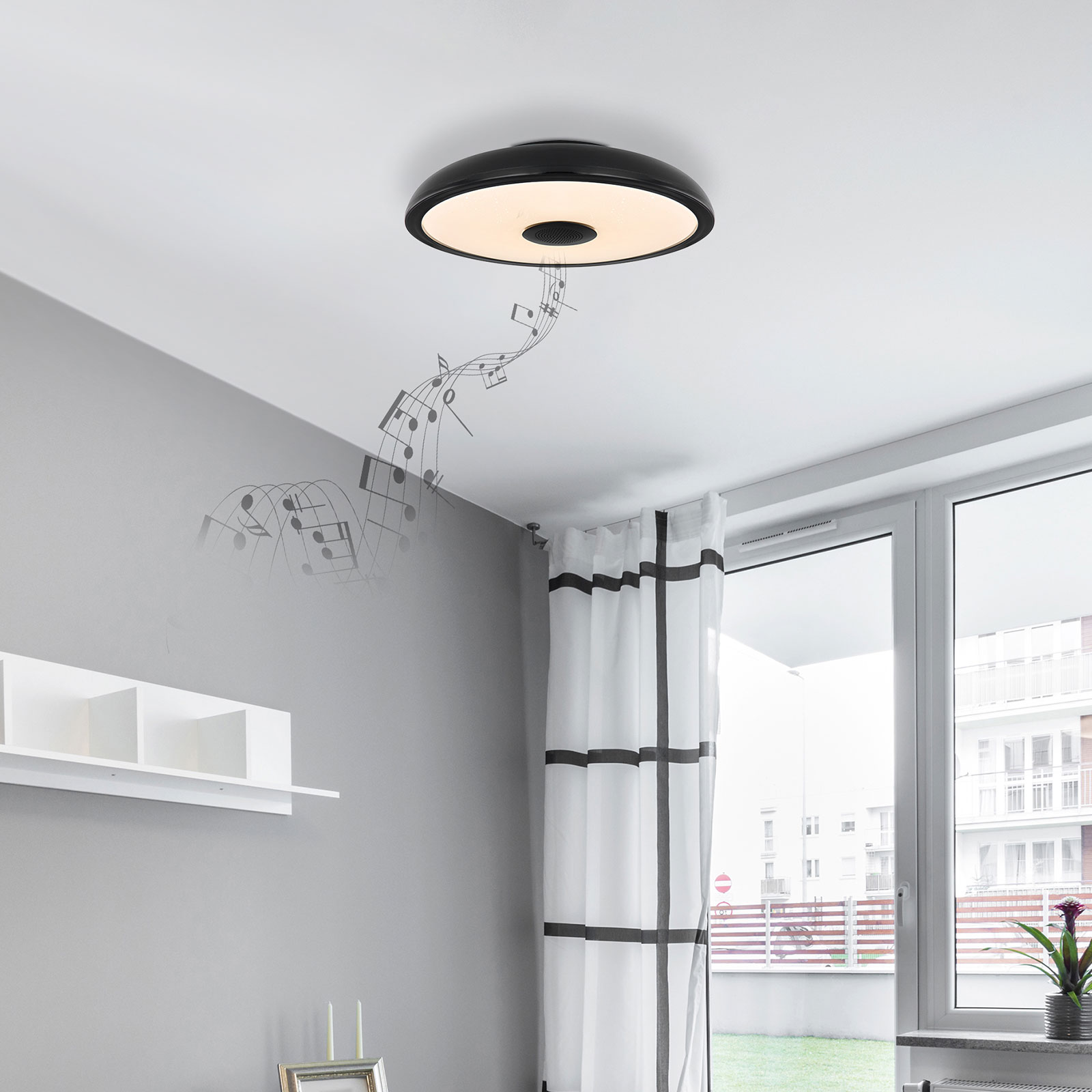 RGB-LED-Deckenleuchte - schwarz-weiß - Bluetooth-Lautsprecher - 28 cm