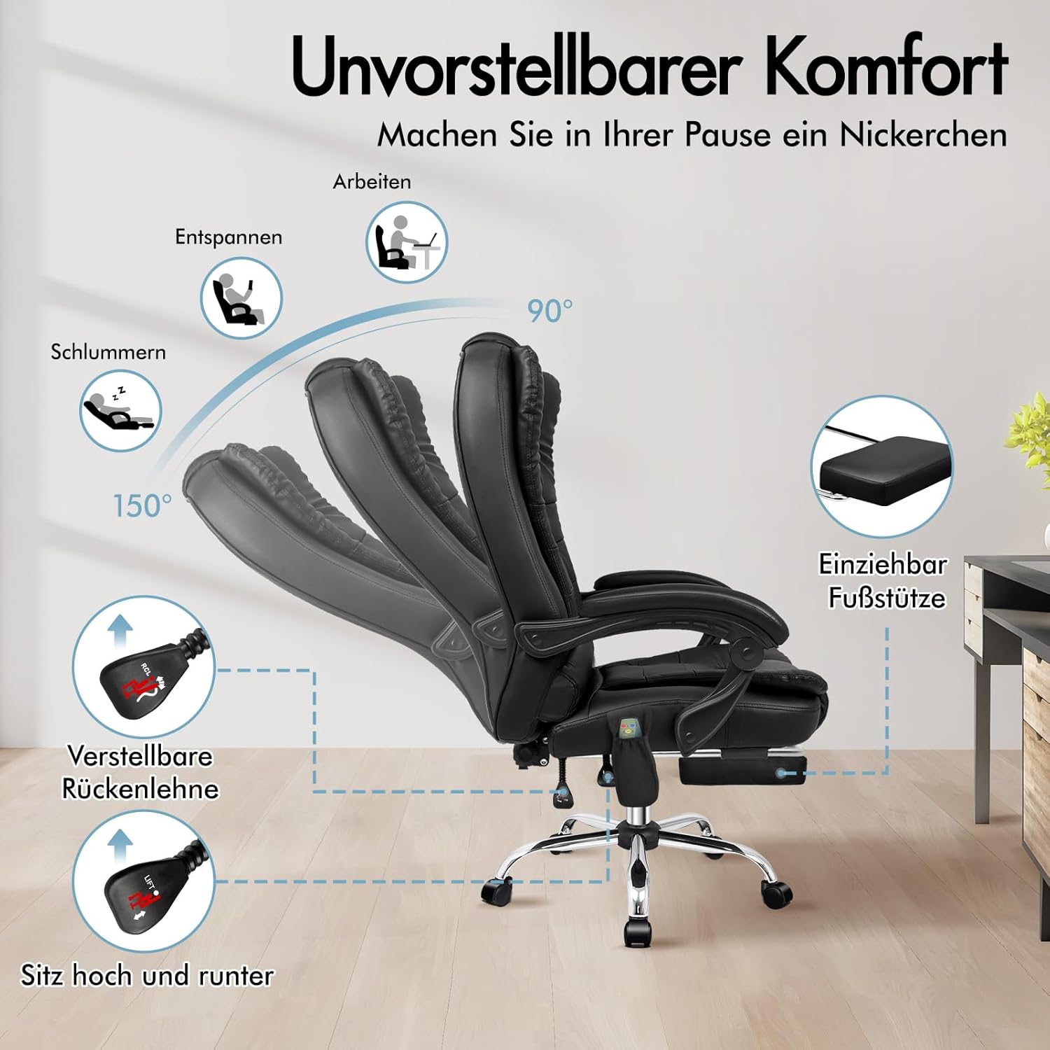 ALFORDSON Ergonomischer Bürostuhl, Schreibtischstuhl mit Wärmemassagefunktion, PU-Leder Computerstuhl mit gepolsterten Armlehnen und weicher Kopfstütze, Drehstuhl mit Rollen, Schwarz