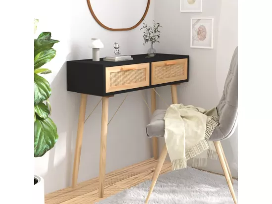 Table console Noir 80x30x75 cm Bois massif pin /rotin naturel