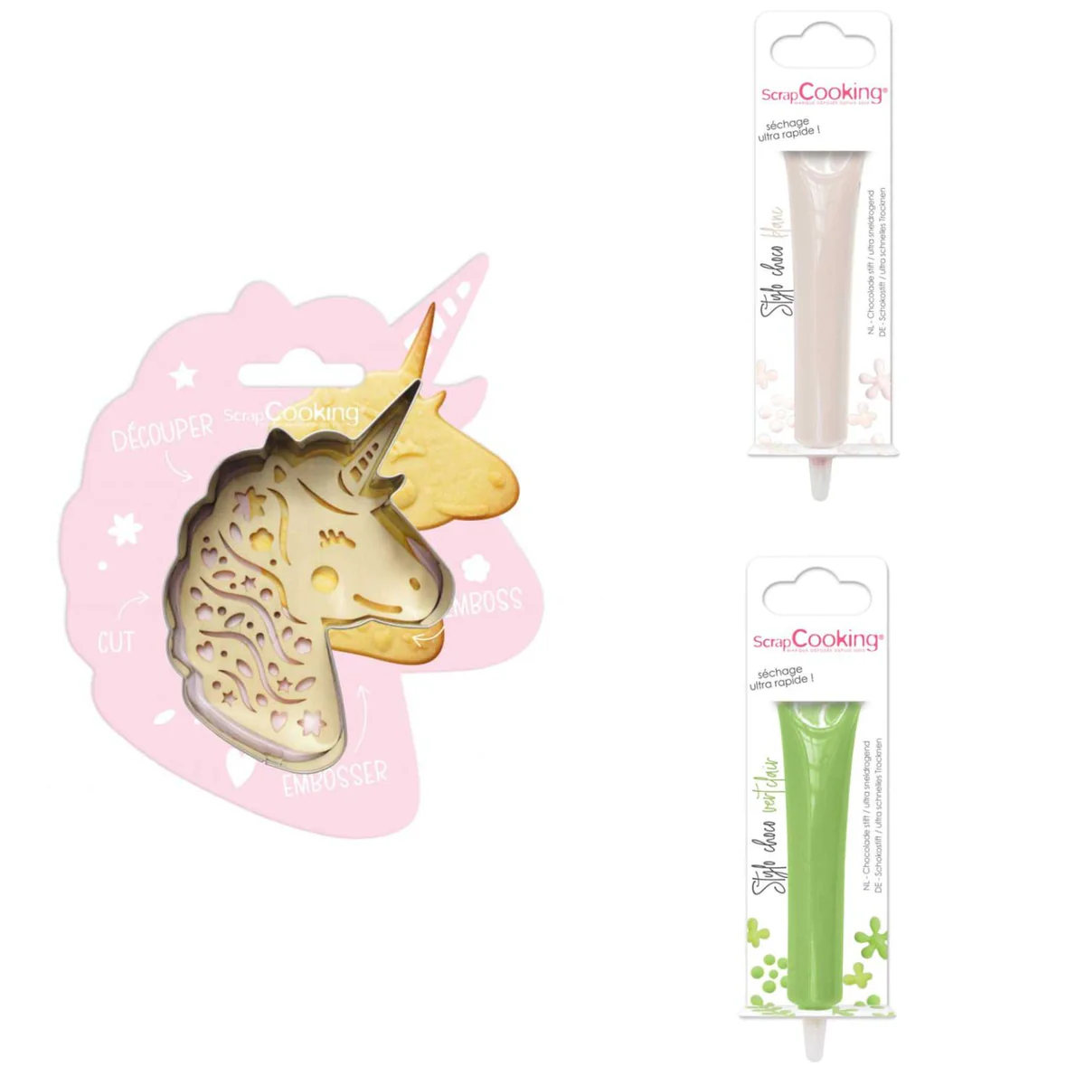 Kit pour biscuit en relief Licorne + 2 Stylos au chocolat blanc et ver