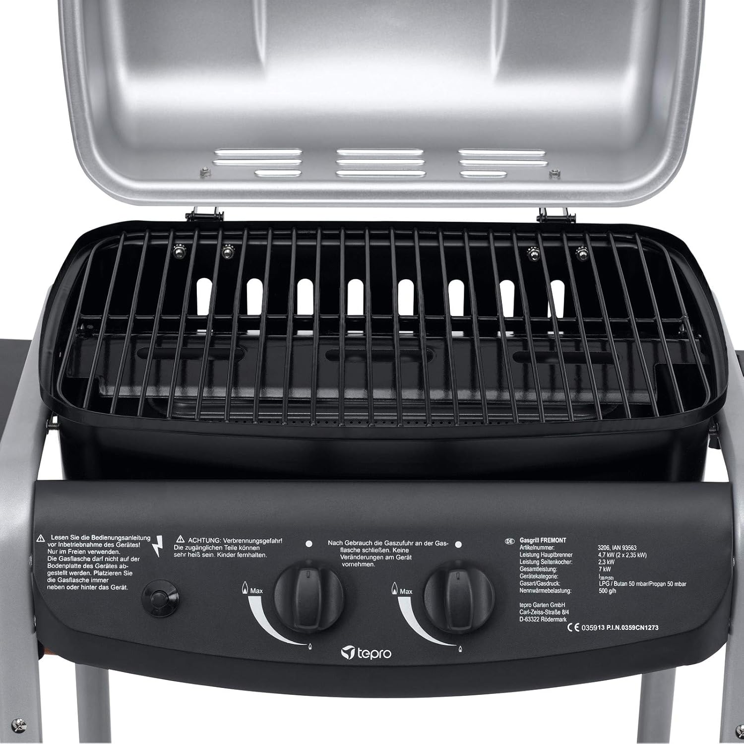 tepro Gasgrill Fremont – 1 Doppelbrenner + Seitenbrenner, 7 kW Gesamtleistung, Rost-in-Rost-System, Grillrost 45x34 cm, Piezo-Zündung, klappbare Ablage, inkl. Regler & Schlauch – 112x52x96,5 cm