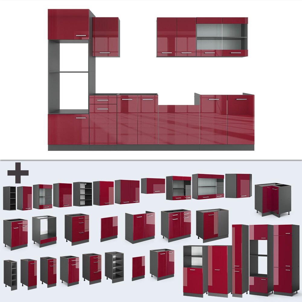 VICCO KÜCHE R-LINE 300 CM KÜCHENZEILE KÜCHENBLOCK EINBAUKÜCHE ANTHRAZIT BORDEAUX HOCHGLANZ