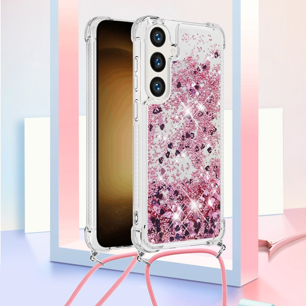 Samsung Galaxy S24 Necklace Gummi Hülle Liquid Glitzer   Handykette (130cm) - Pink / Silber