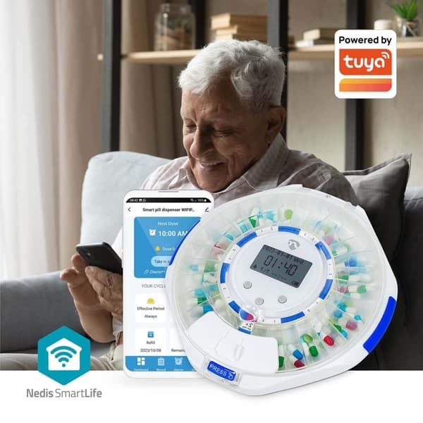 SmartLife Pilledispenser | Wi-Fi | 28 Rom | Antall alarmtider: 9 alarmtider per dag | Lys / Pip / Stemme | LCD-skjerm | Hvit