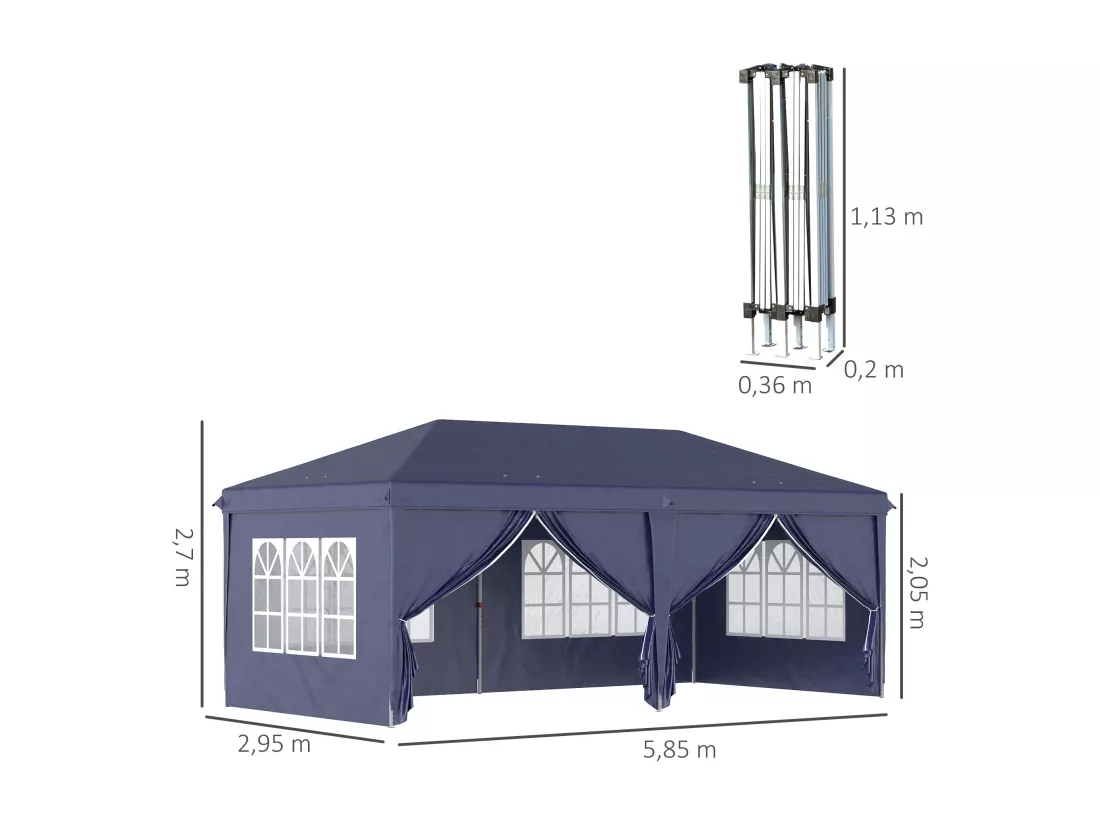 Tonnelle barnum pliant pop-up imperméabilisé 5,85L x 2,95l x 2,7H m 6 parois latérales amovibles 4 fenêtres + sac de transport bleu