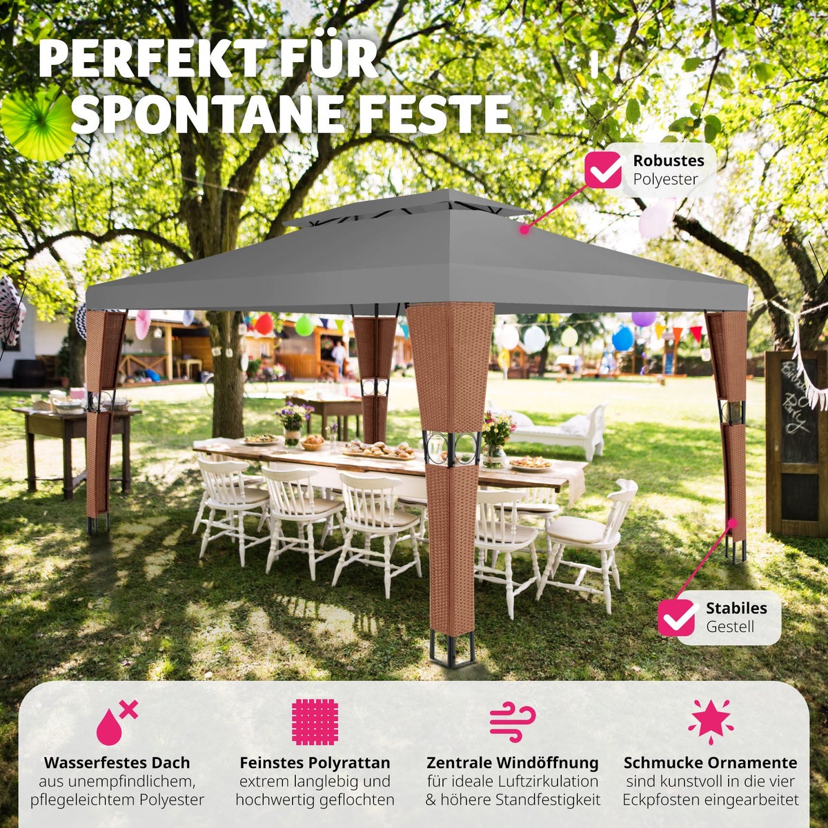 Rotan tuinpaviljoen tectake Mona 4 x 3 m inclusief haringen