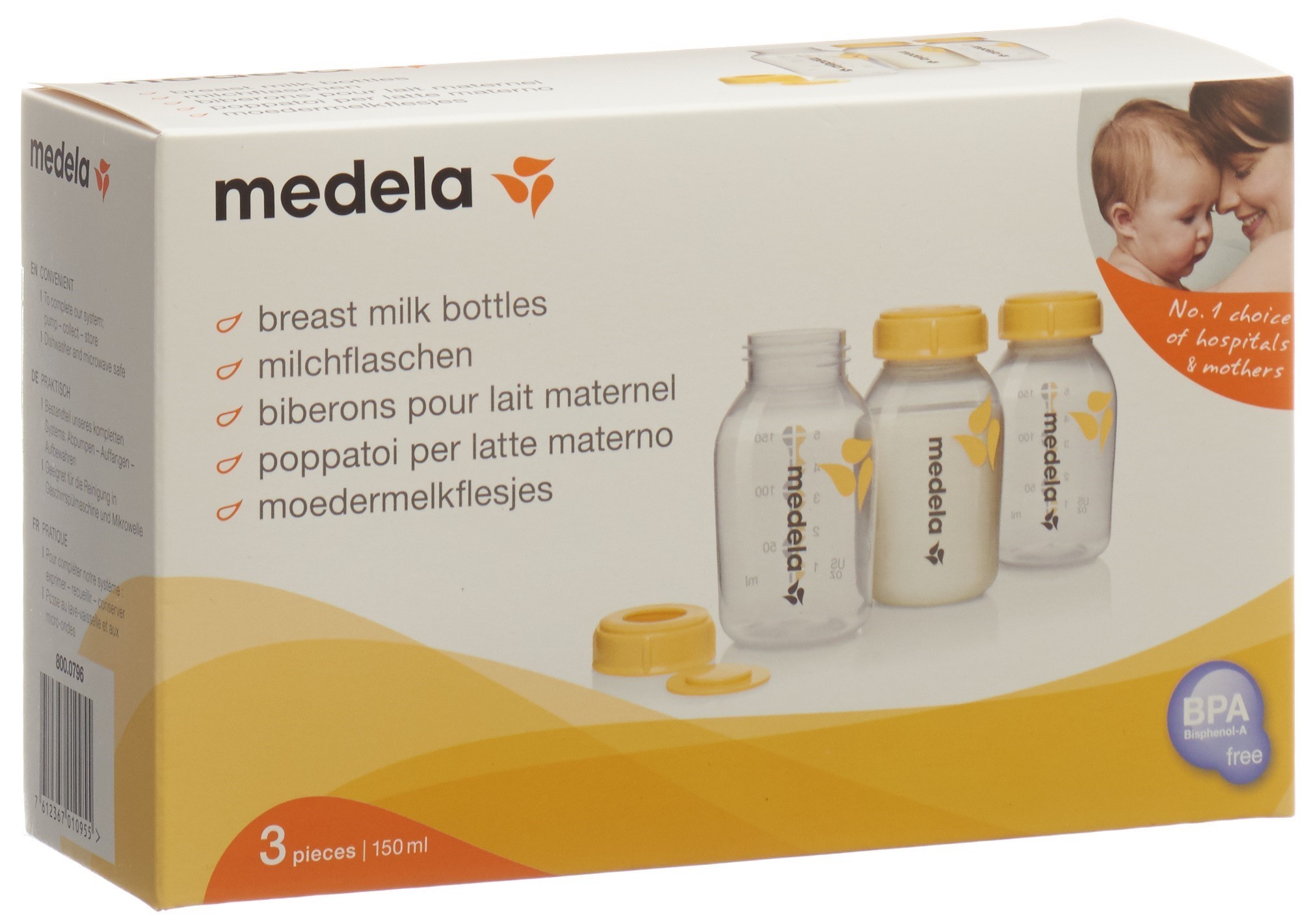 MEDELA Milchflasche<br>3 Stück, 150ml, inklusiv Deckel mit Einlage