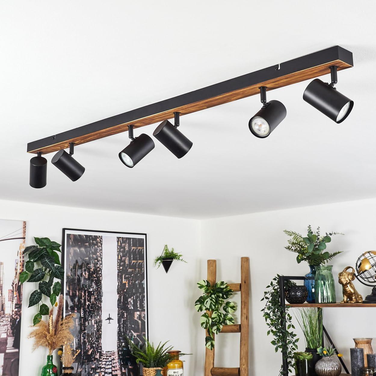 HOFSTEIN Deckenleuchte Gesteira, 6-flammige Deckenlampe aus Metall/Holz in Schwarz/Natur, Leuchte im Boho-Design mit verstellbaren Schirmen, GU10, Esszimmer, Wohnzimmer, Küche, Schlafzimmer, Flur