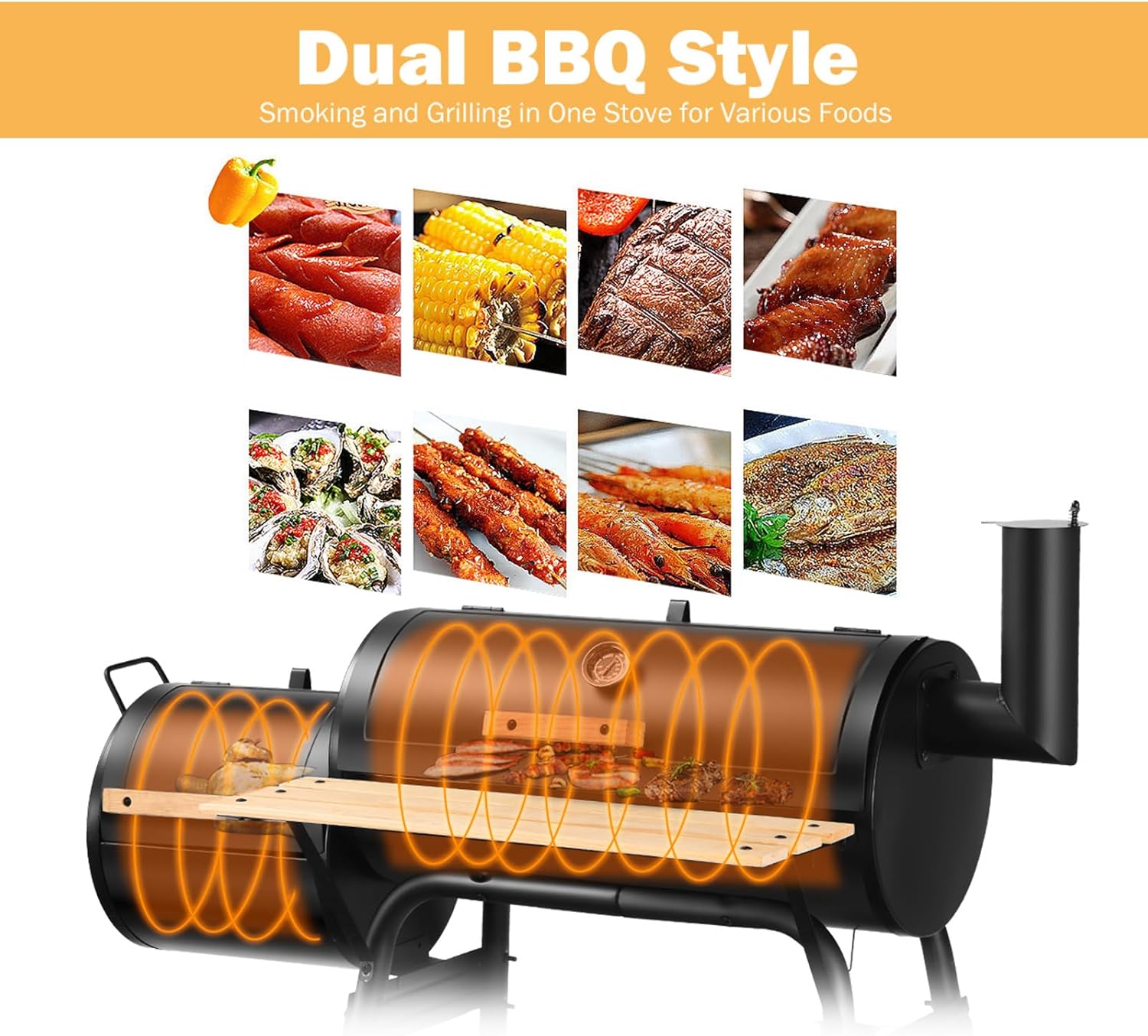 KOMFOTTEU Holzkohlegrill mit Kamin, 2 in 1 Räuchern Grillen, Thermometer und Rädern, Rauchgrill Stahlgrill mit seitlichem Tisch & Bodenregal, Grillwagen BBQ für outdoor, Smoker Grill 115x65x108 cm