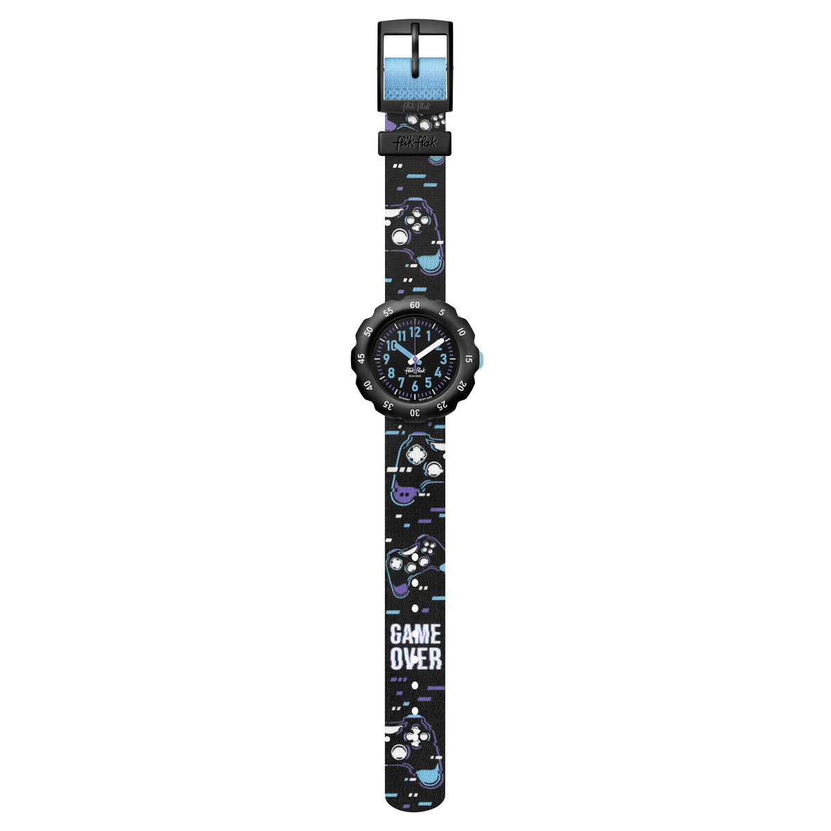 Montre FLIK FLAK Gameland Try again enfant plastique biosourcé bracelet PET recyclé noir