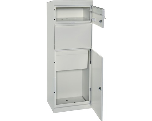 MEFA pakketbrievenbus, gepoedercoat staal, BxHxD 402/1091/310 mm, Esdoorn 661 wit aluminium RAL 9006 semi-mat, toegang aan de voorzijde, 2 compartimenten met naamplaatje