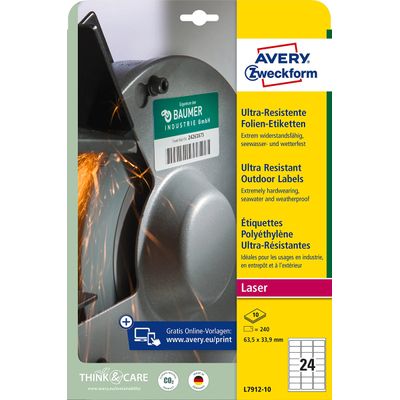 Avery - 240 Étiquettes ultra résistantes blanches - 63,5 x 33,9 mm - Impression laser - réf L7912-10